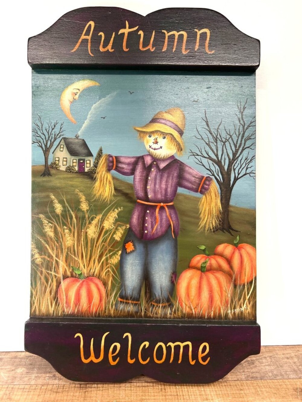 Welcome Autumn Wooden Hanging Wall Decor Sign With Pumpkins & Scarecrow Scene